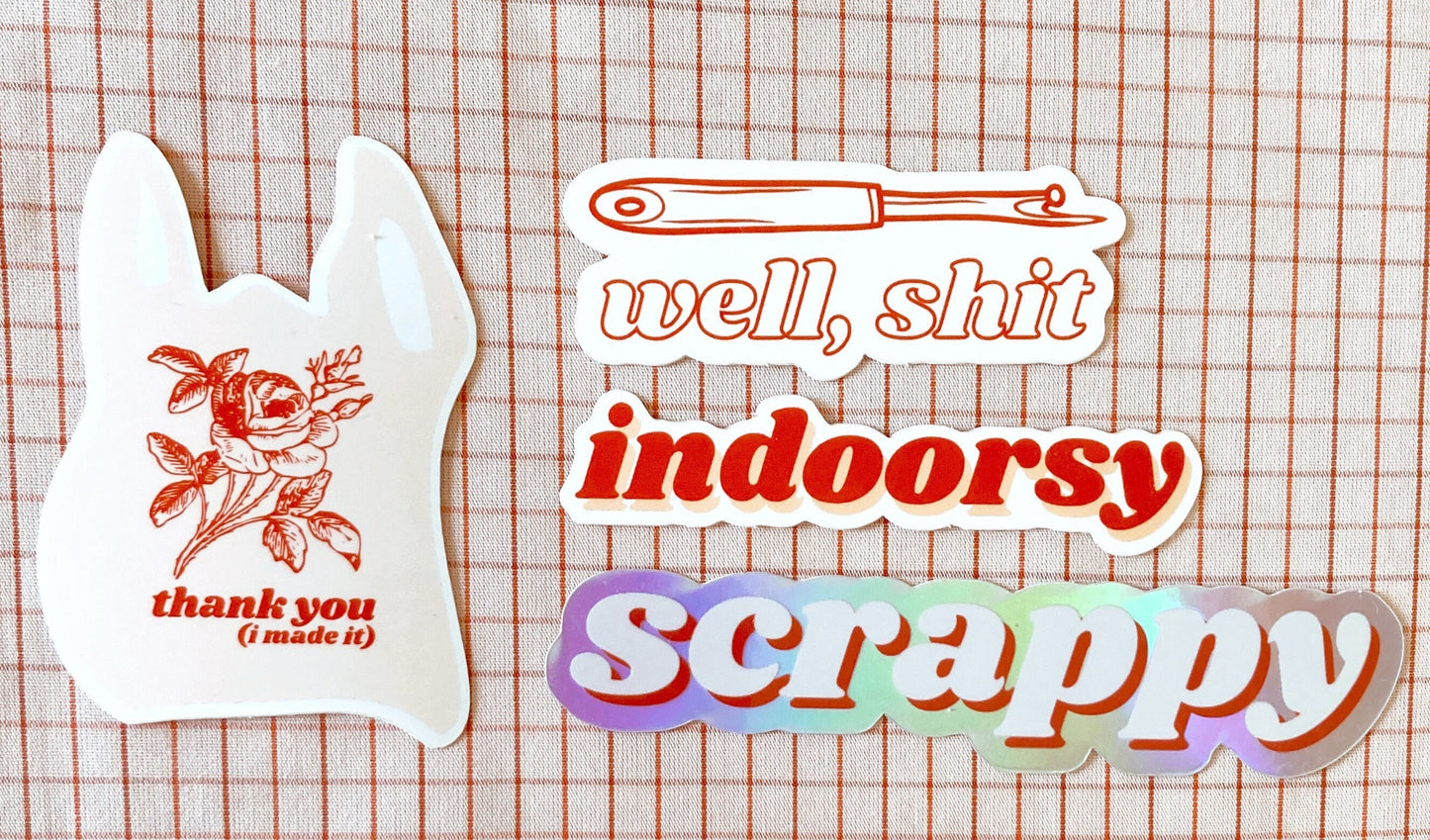 Quilting sewing vinyl sticker pack, scrappy, indoorsy, seam ripper, thank you bag