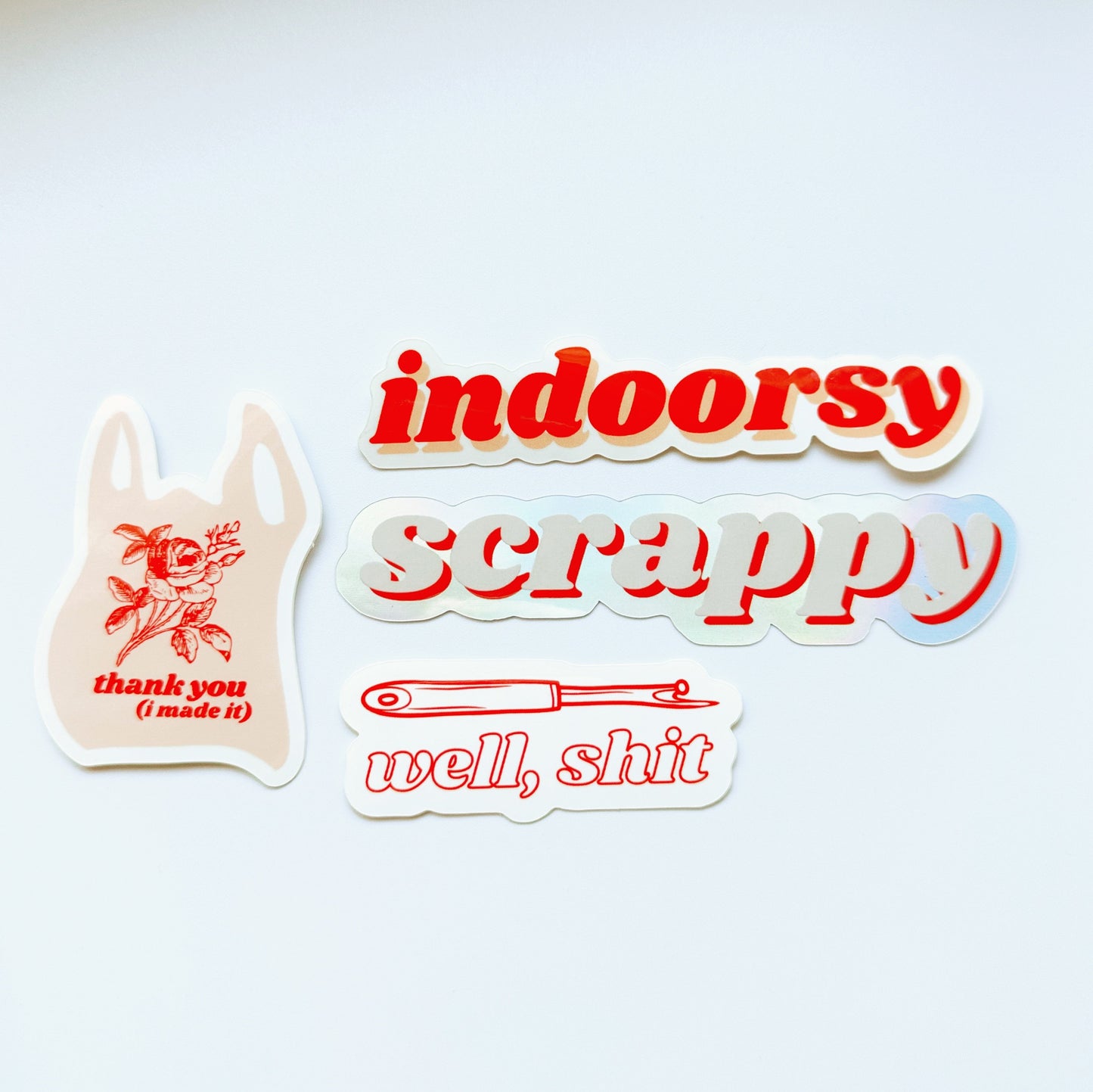 Quilting sewing vinyl sticker pack, scrappy, indoorsy, seam ripper, thank you bag
